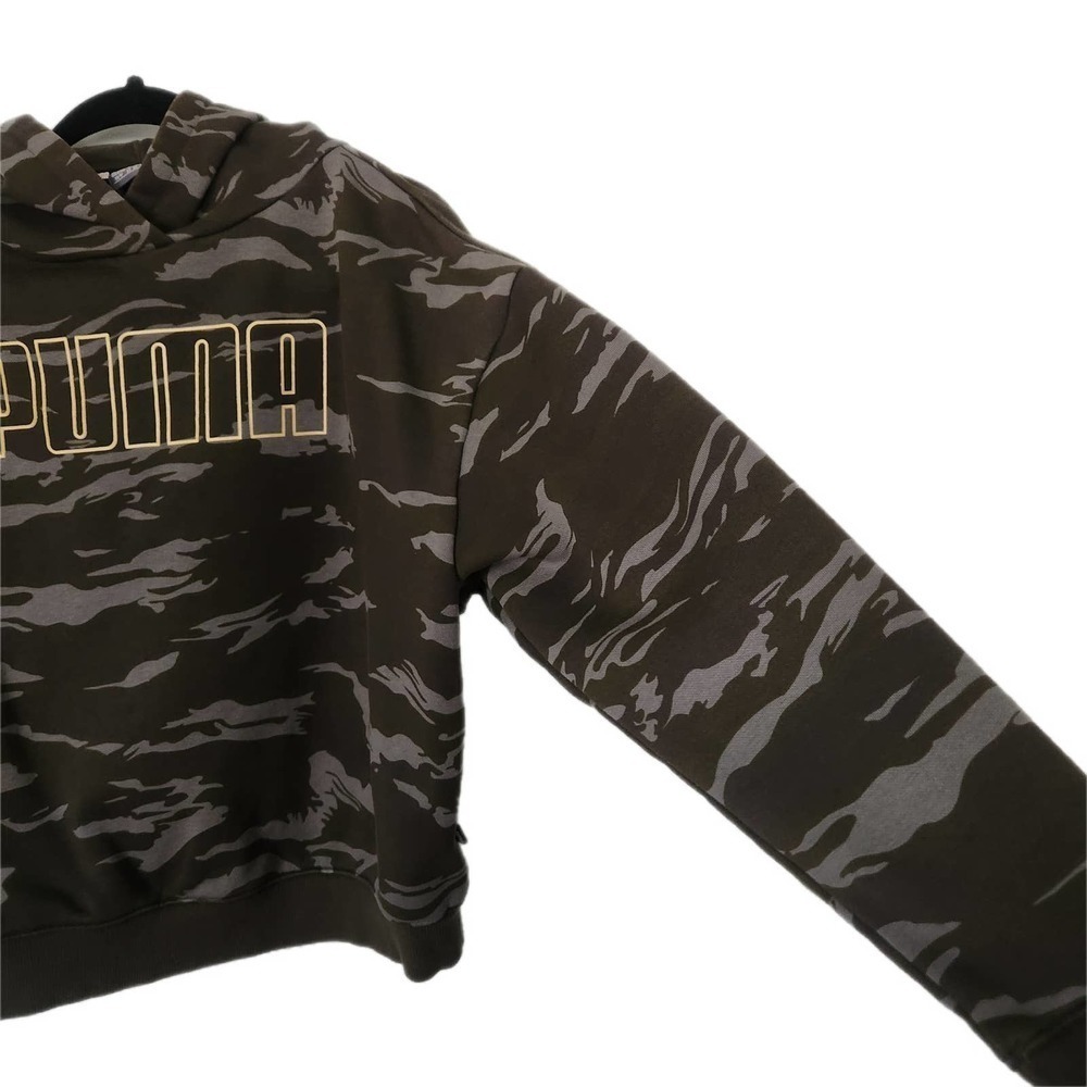 PUMA Cropped Hoodie Camo Womens XS Sweatshirt Relaxed Fit Green Hooded - Picture 5 of 7